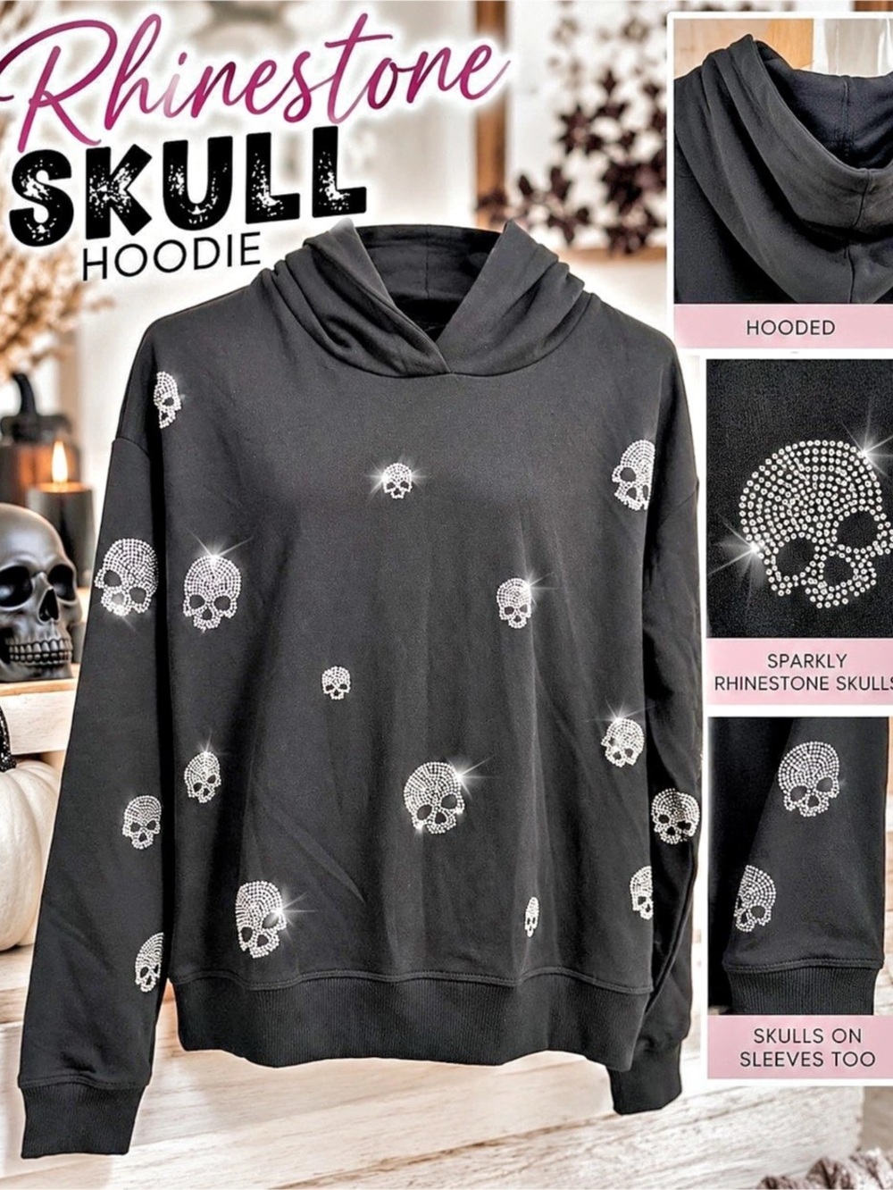 Muehl Rhinestone Skull Hoodie Black XS
